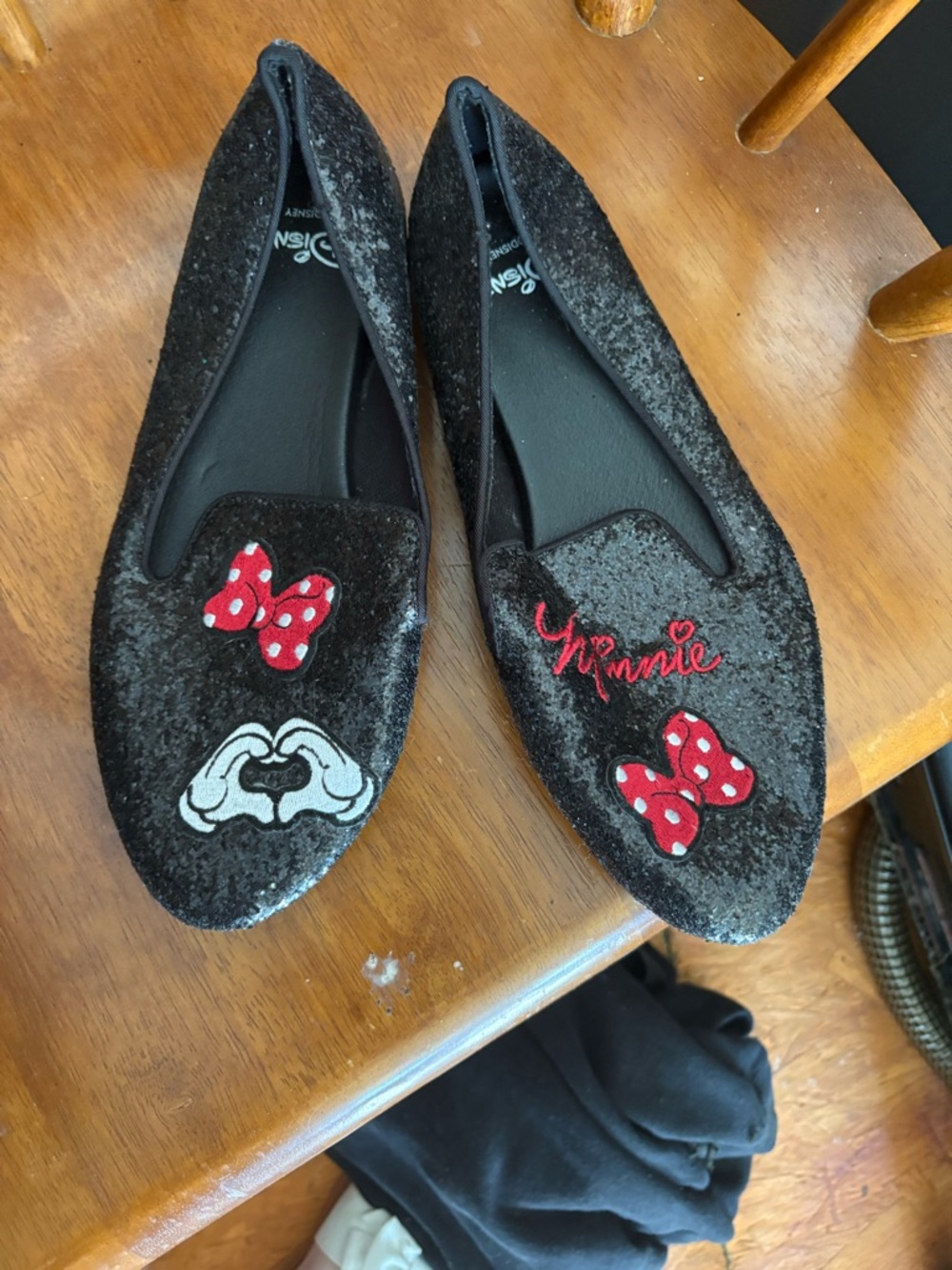 Black Glitter Minnie Mouse Loafers with Red Polka Dot Bows